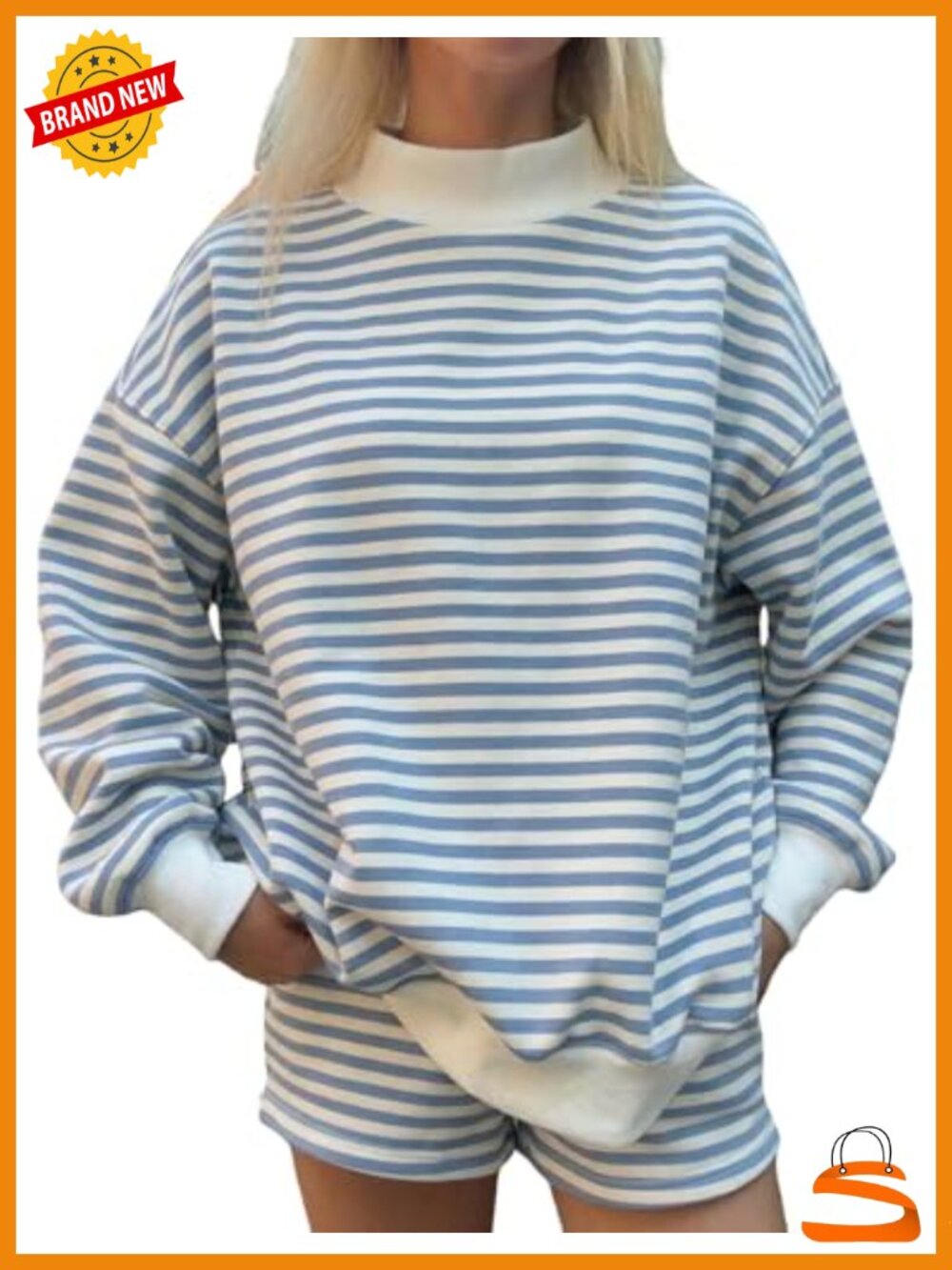 Mock Neck Sweatshirt and Shorts Set - Striped Lounge Set